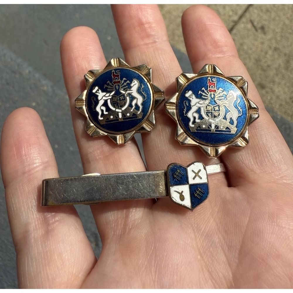 Vintage 1950s Swank Royal Crest Cufflinks & Tie Clip Crown Lion Enamel Brass